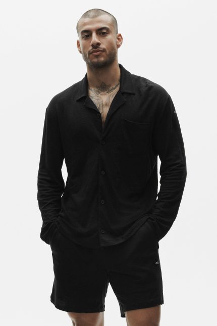 Linen Jersey Coastal Long Sleeve Button Up - Black